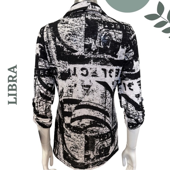 🛍️3/$40 Libra Graphic Black & White Tunic Button-Up Shirt | Made in Canada Sz XS - Picture 4 of 6